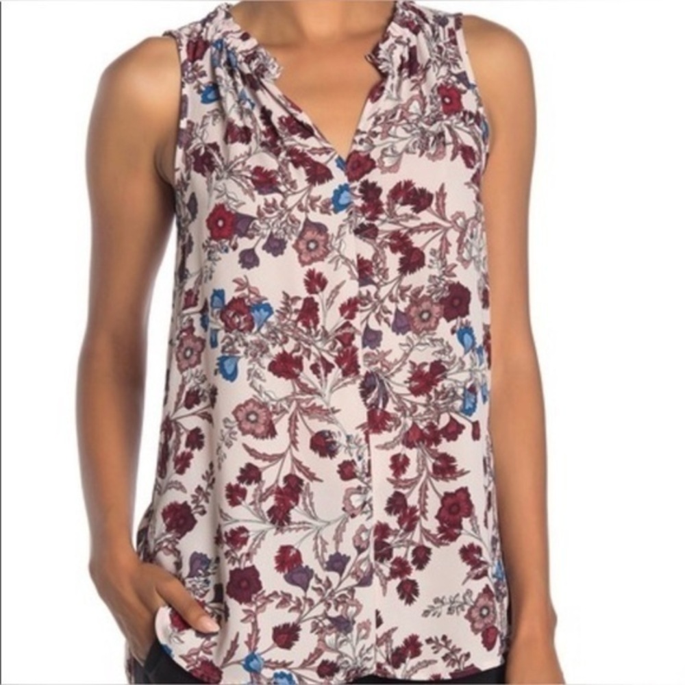Vince Camuto Floral Sleeveless V-Neck Loose Fit Elastic Ruffle Neckline Top XS